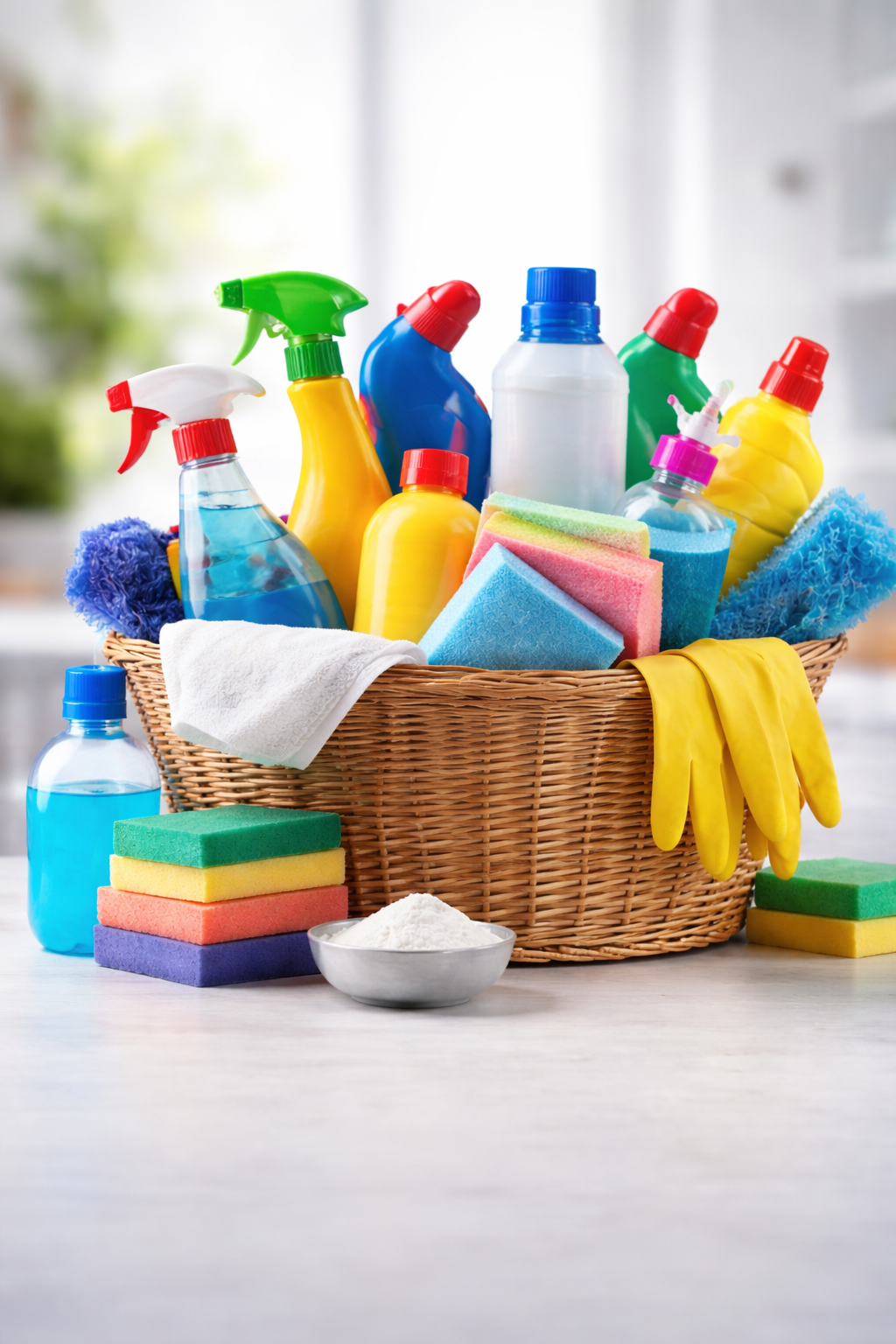 سلة تنظيف مليئة بالأدوات المتنوعة